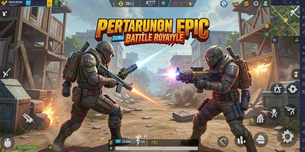 Screenshot gameplay AT777 menampilkan pertarungan intens di arena Battle Royale.