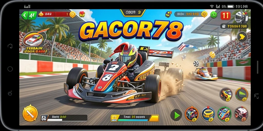 Screenshot utama GACOR78 menampilkan aksi balap yang mendebarkan.