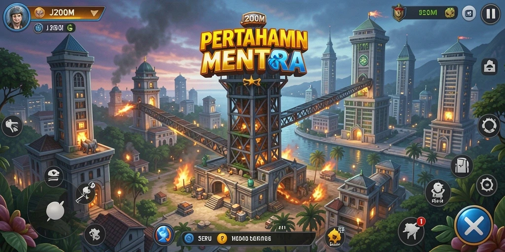 Tampilan menara dan musuh dalam gameplay J200M yang menegangkan.