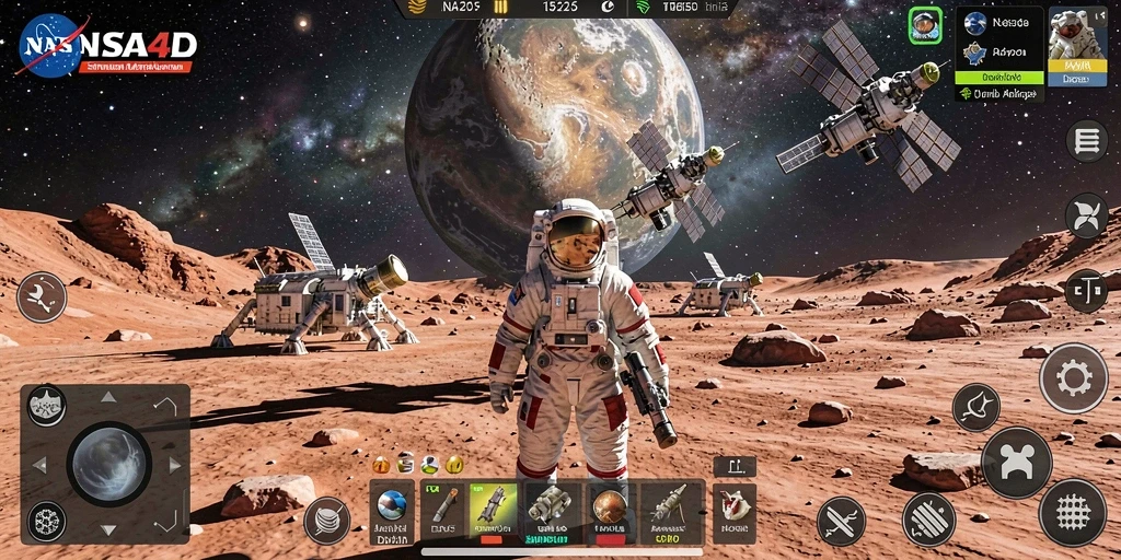 Screenshot utama NASA4D menampilkan eksplorasi luar angkasa yang realistis.