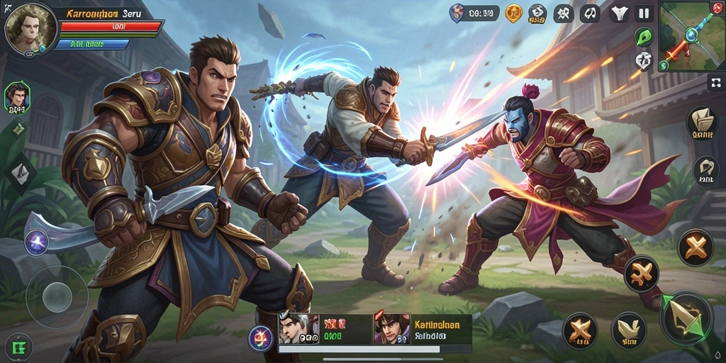 Screenshot QQRP menunjukkan karakter bertarung dalam arena yang dinamis.