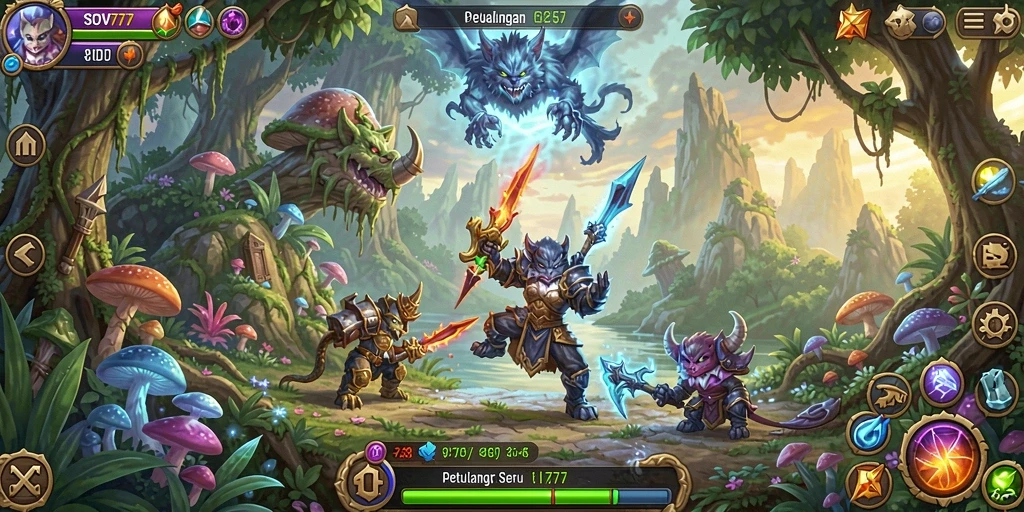 Screenshot menunjukkan karakter utama menjelajahi hutan magis dengan grafis yang menakjubkan.