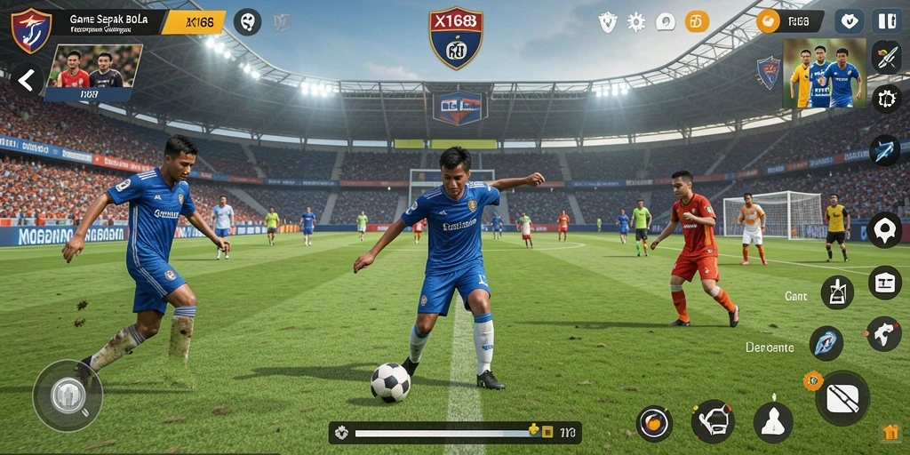 Screenshot gameplay X168 menampilkan aksi seru permainan sepak bola.