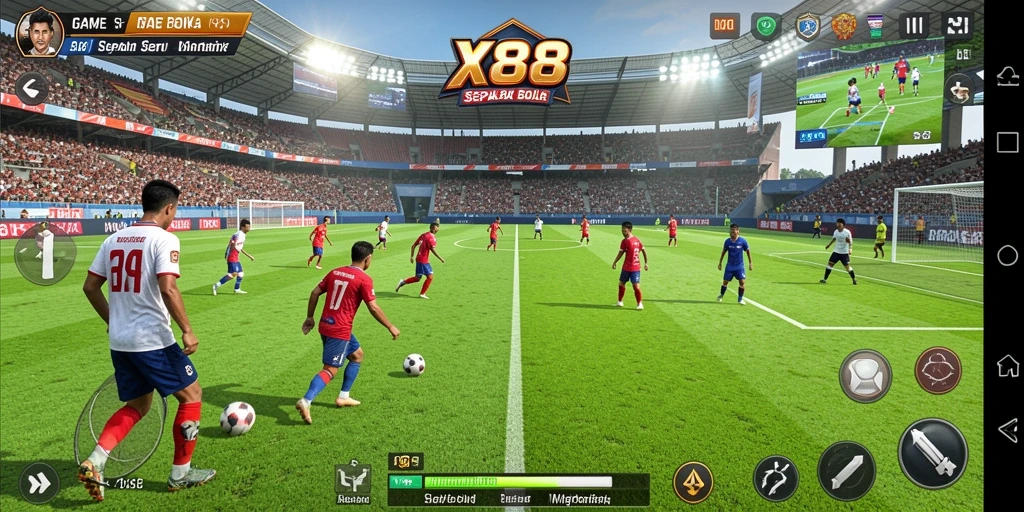 Tampilan gameplay X88 yang menarik dengan aksi sepak bola mendebarkan.